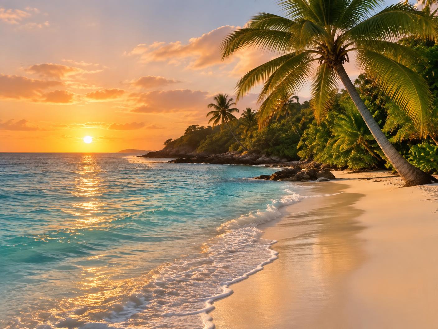 Warm sunset over turquoise water and a tropical beach