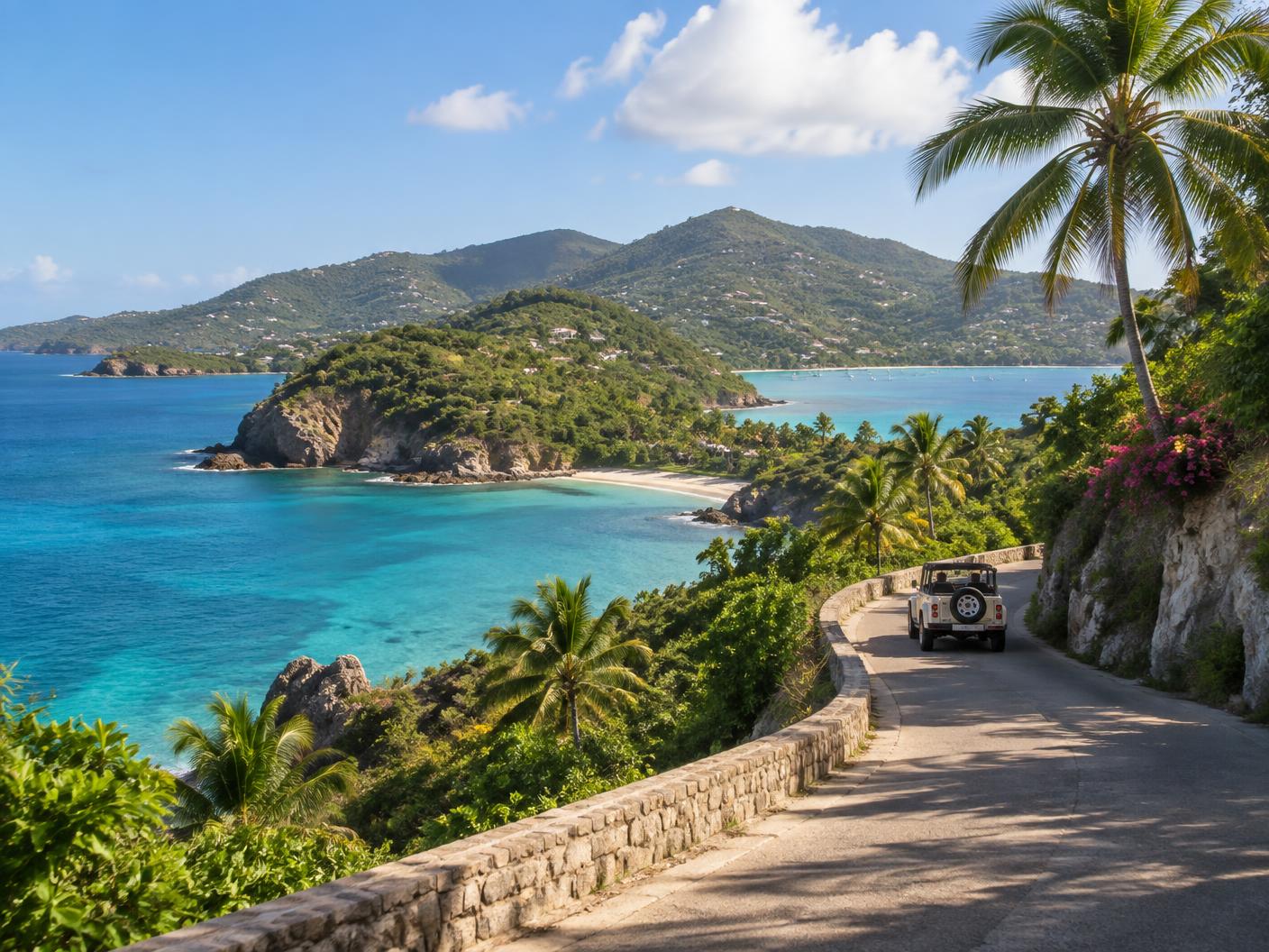 Coastal road and blue water on an island day