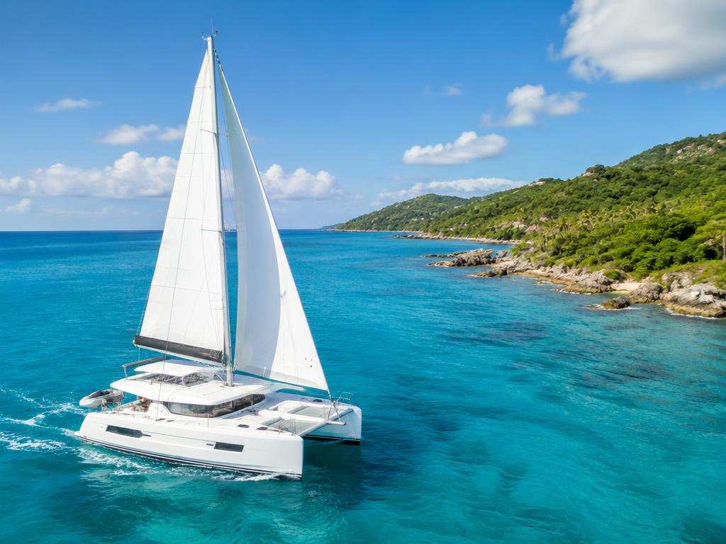 Catamaran sailing along a green island coastline