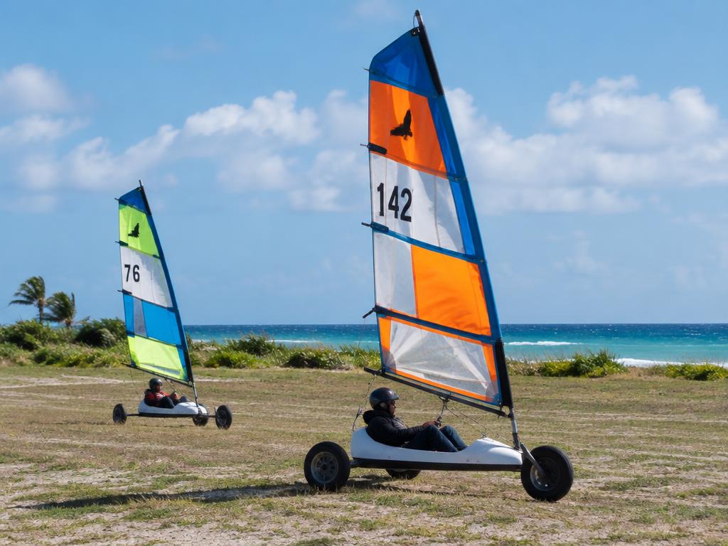 Land sailing carts on an open coastal field