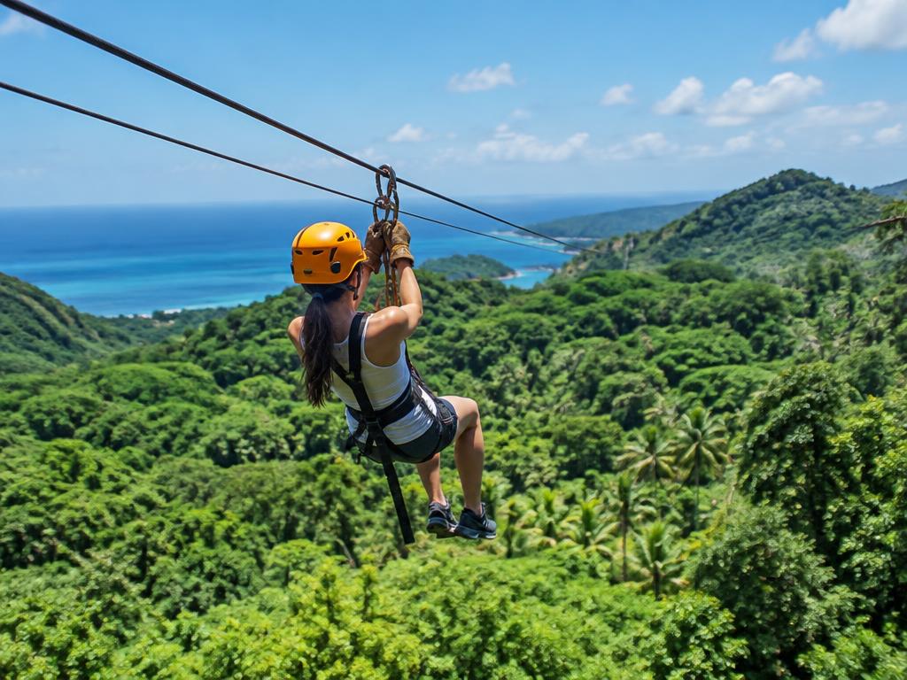 Ziplining over tropical rainforest canopy
