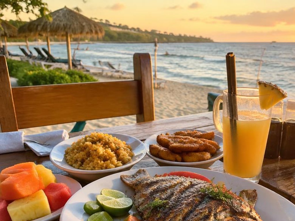 Grilled fish and tropical fruit at a beachfront table